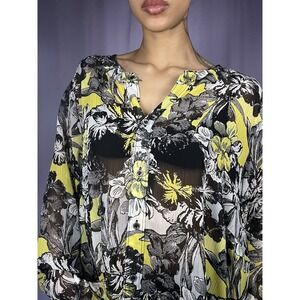 Liz Claiborne Black & Yellow Floral Long Sleeve Blouse Size XL Sheer Grunge Edgy